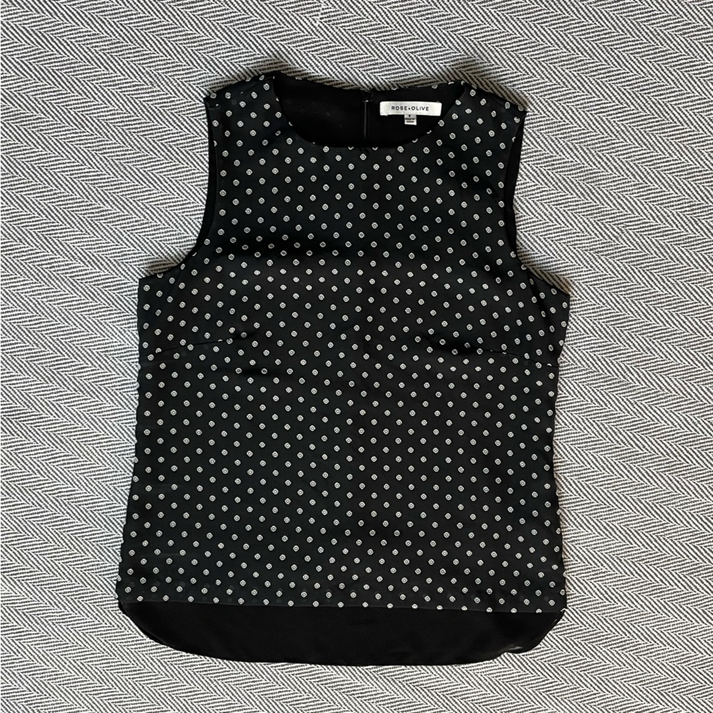 Rose & Olive Black Twofer Sleeveless Blouse with White Polka Dots - size small